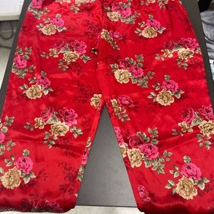 Red Floral Satin Pants – Size 3X, Elastic Waist, 27” Inseam